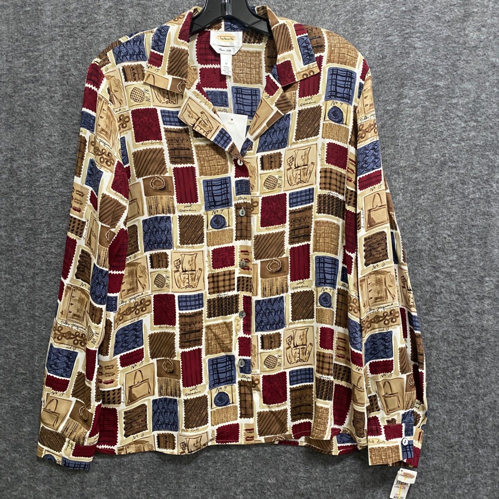 NEW Talbots Silk Blouse Top Womens 12 Novelty‎ Button Up Preppy Academia Office